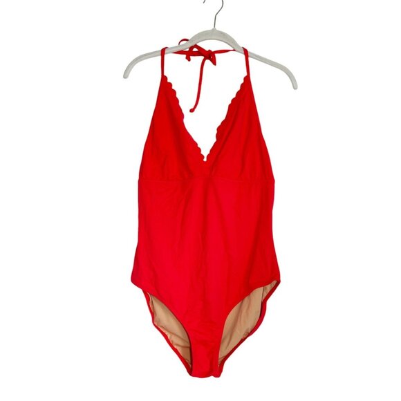 J.Crew Scalloped V-Neck One-Piece Swimsuit in Bright Red - Sz 12 - NWT - Picture 2 of 9